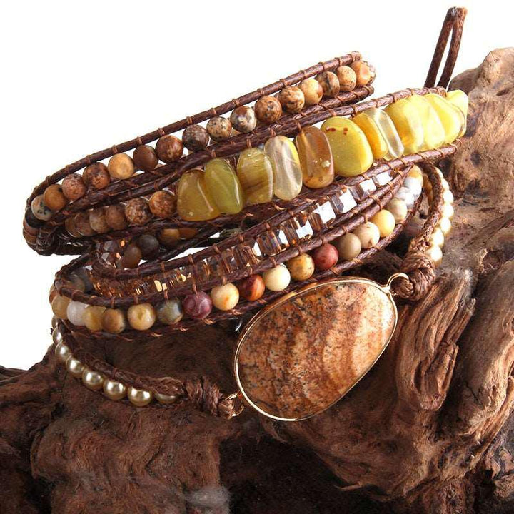 5 Strands Wrap Boho Bracelet with Mixed Natural Stones