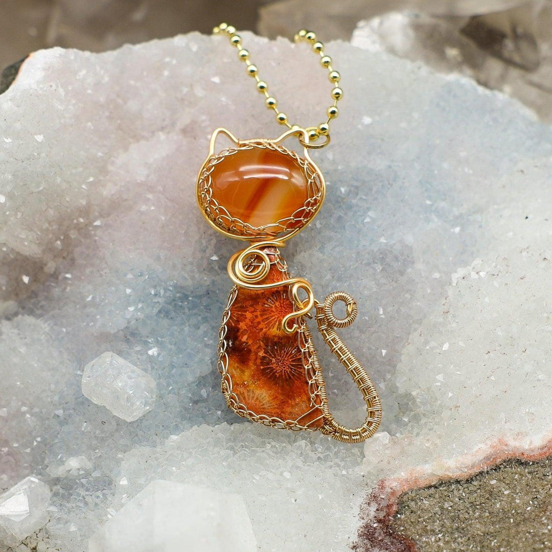Agate And Fossilized Coral Kitty Cat Wire Wrap Pendant -2.35"