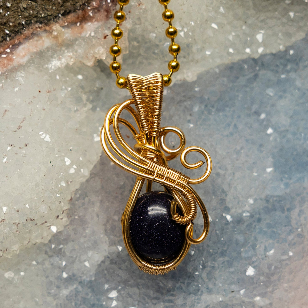 Blue Goldstone Wire Wrap Crystal Pendant