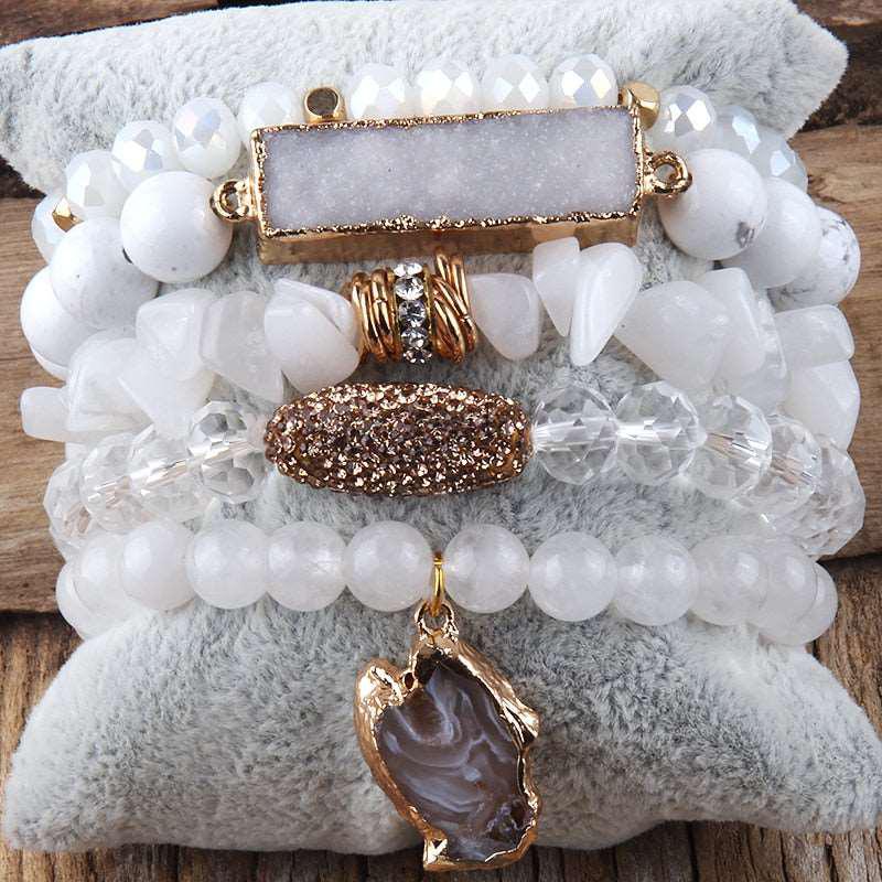 Boho Beaded Bracelet Sets Druzy Charm 5pc Stack Bracelets