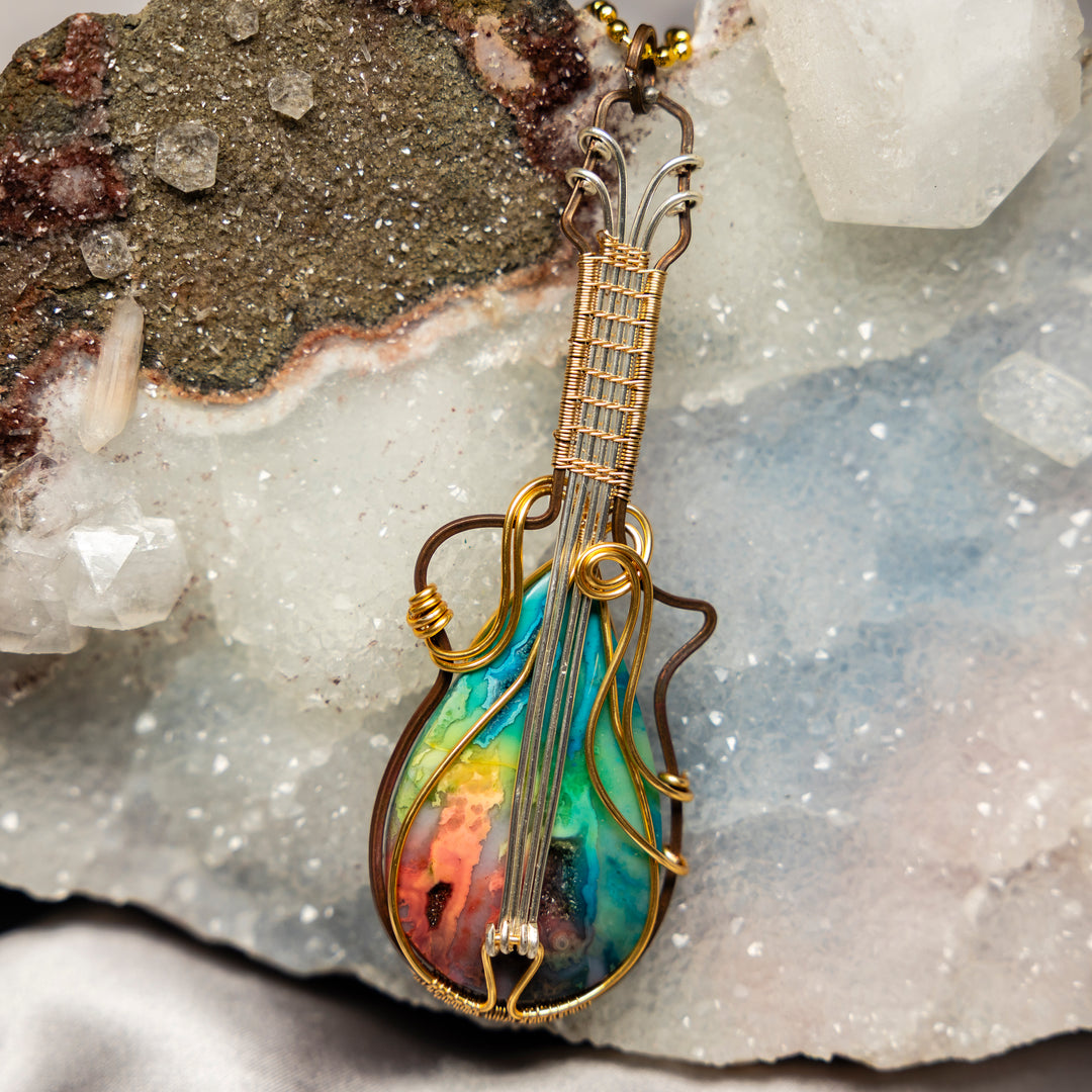 Chakra Agate "Guitar" Wire Wrap Crystal Pendant