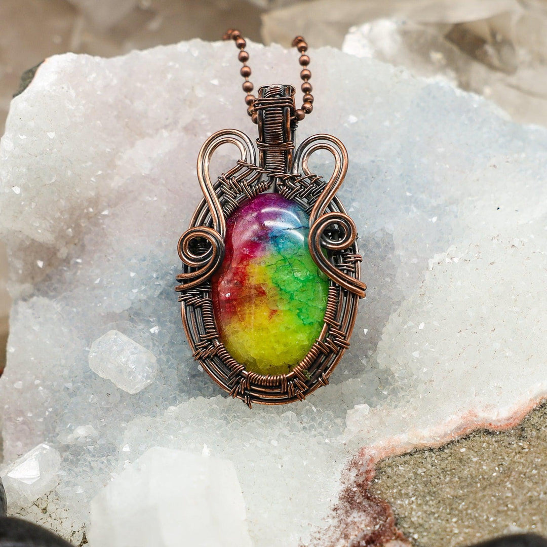 Chakra Dyed Agate Wire Wrap Pendant - 2.45"