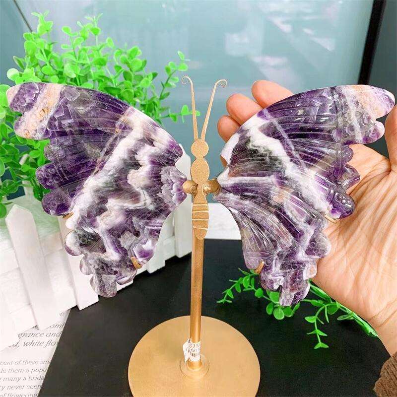 Dream Amethyst Butterfly Wings Carving Pair With Stand