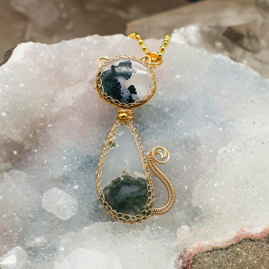 Green Moss Agate Cat Wire Wrap Pendant - 2.5"