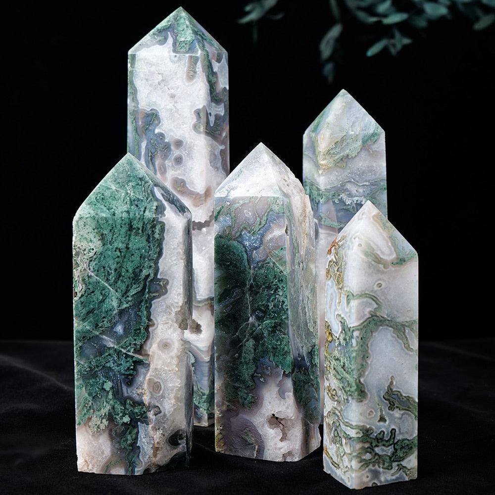 Green Moss Agate Four Sides Druzy Large Towers