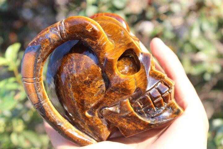 Tiger Eye Hand Carved Horned Devil Skull (1 of a kind)