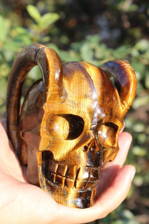 Tiger Eye Hand Carved Horned Devil Skull (1 of a kind)