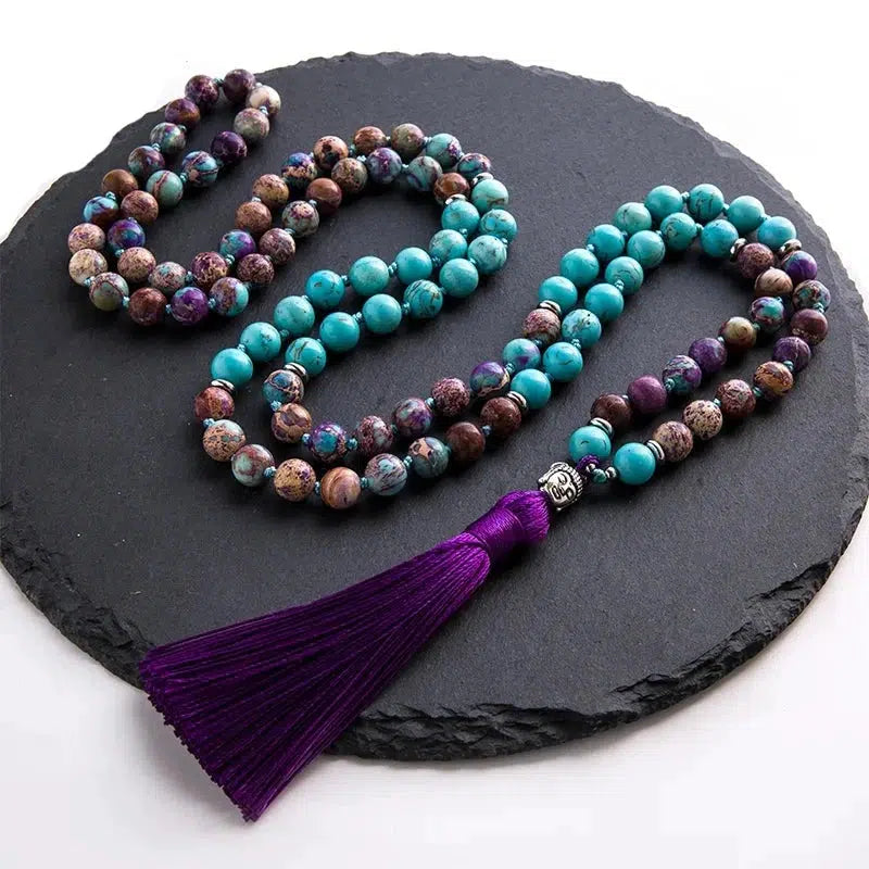 Turquoise And Violet Imperal Jasper 108 Bead Knotted Japamala Necklace