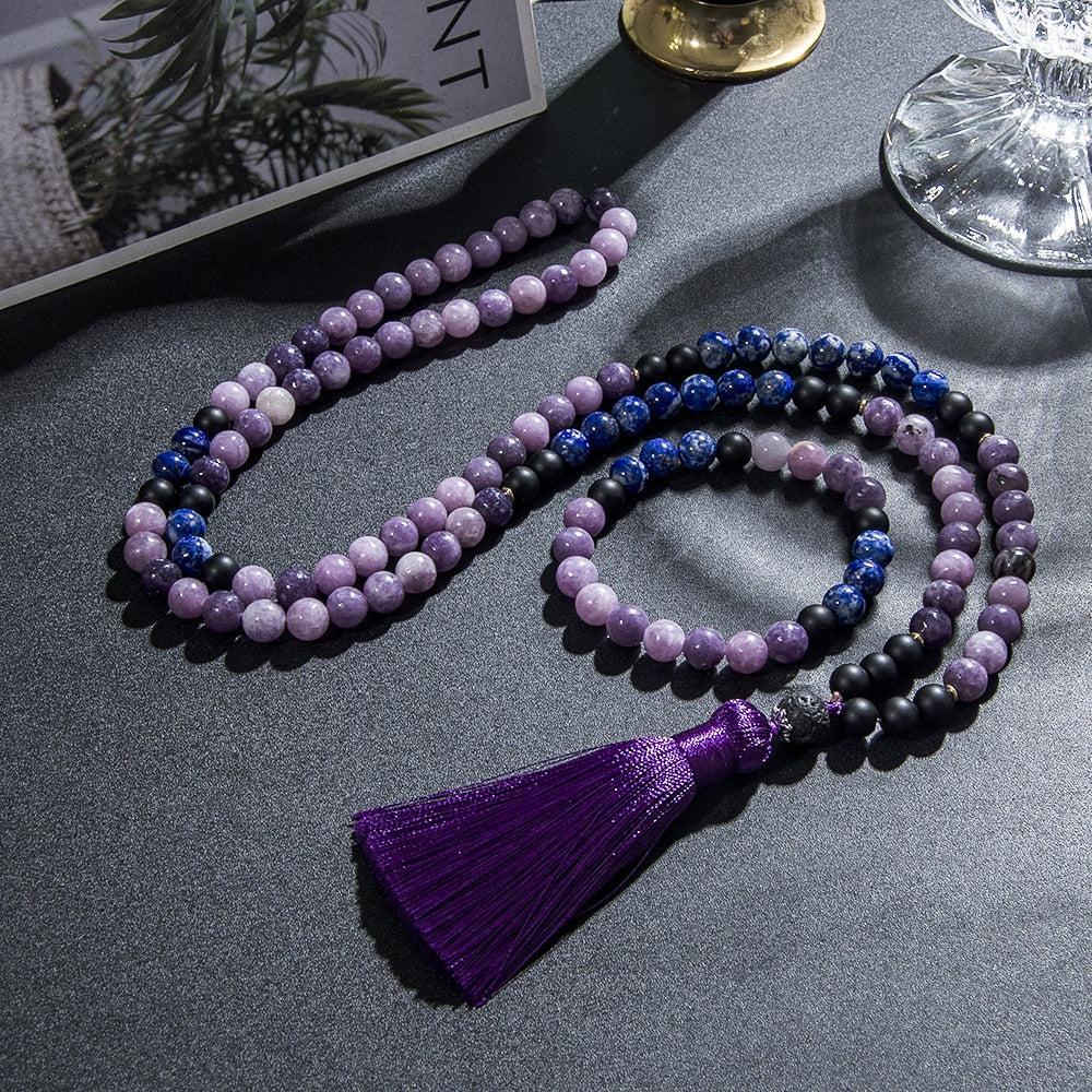 Lapis Lazuli And Purple Mica Lepidolite 108 Bead Mala Necklace or Set