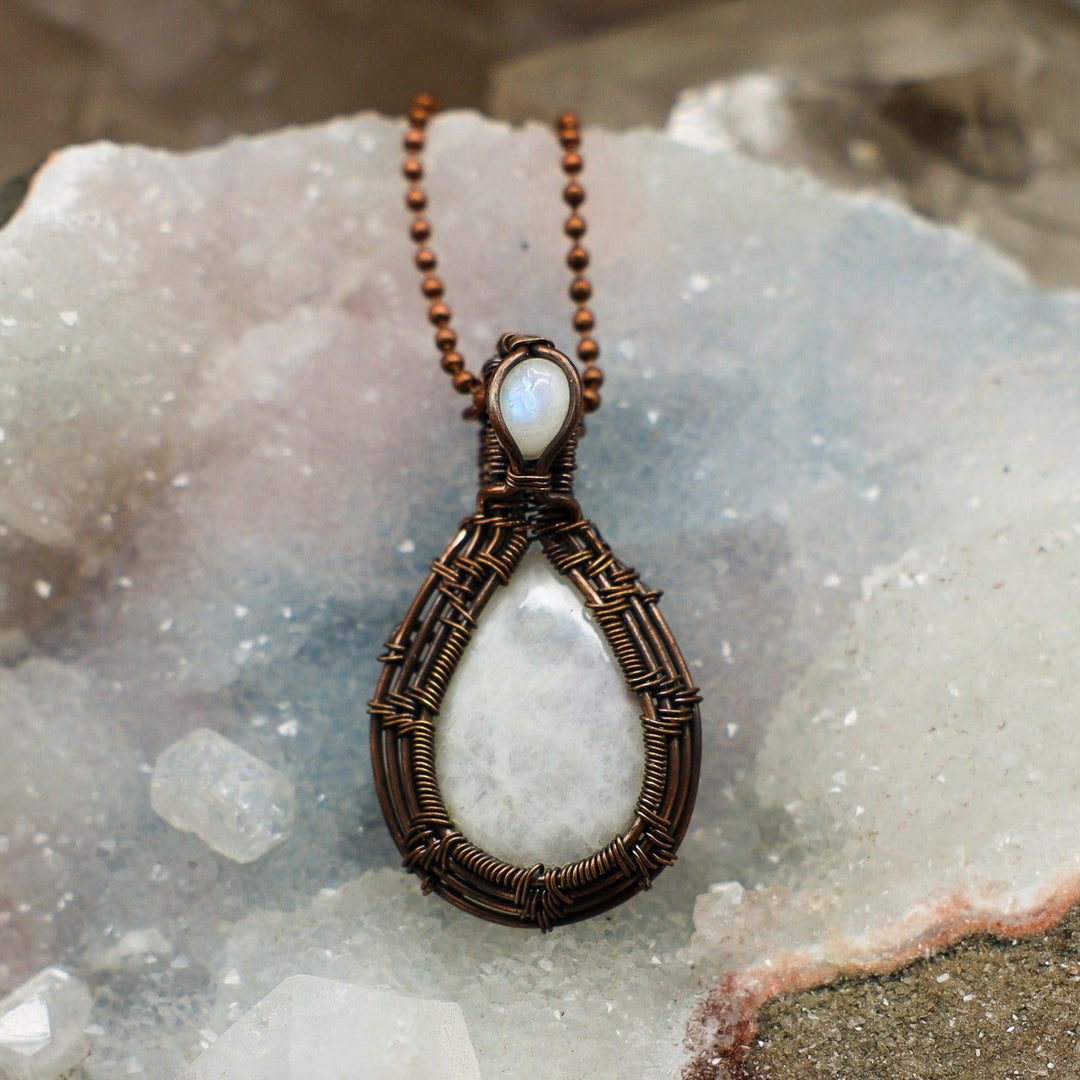 Moonstone With Moonstone Accent Wire Wrap Pendant - 2"