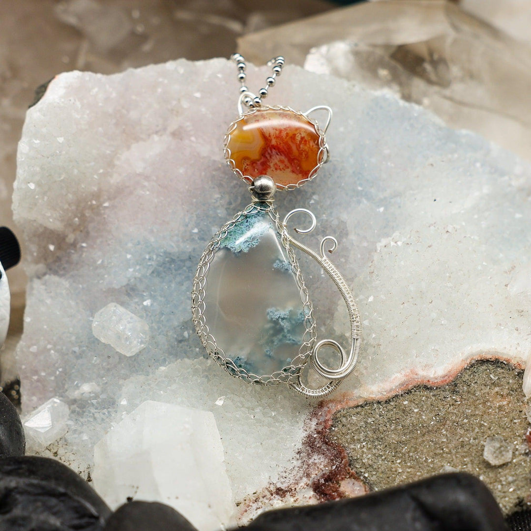 Moss Agate And Carnelian Cat Wire Wrap Pendant - 2.75"