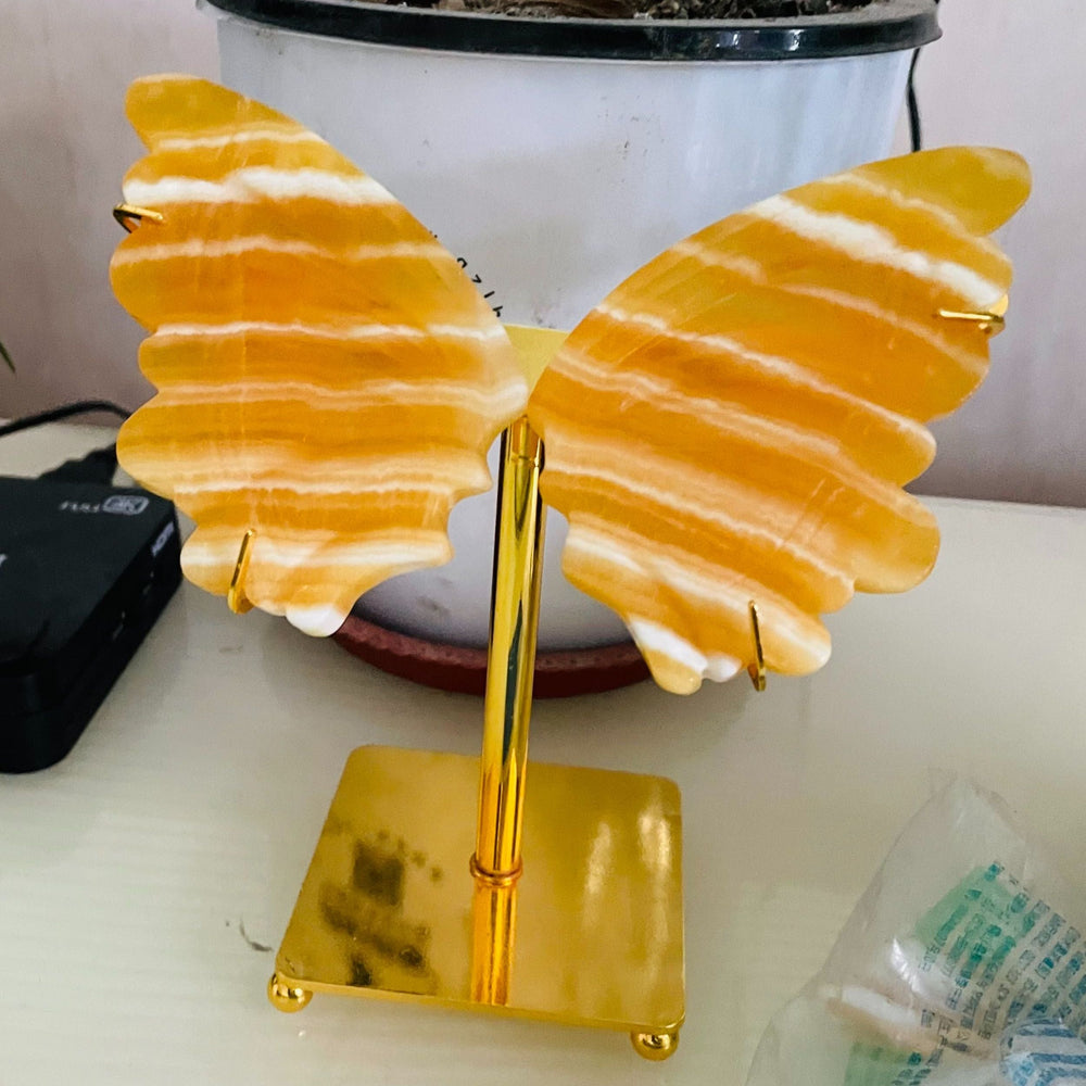 Orange Calcite Hand Carved Butterfly Wings With Stand