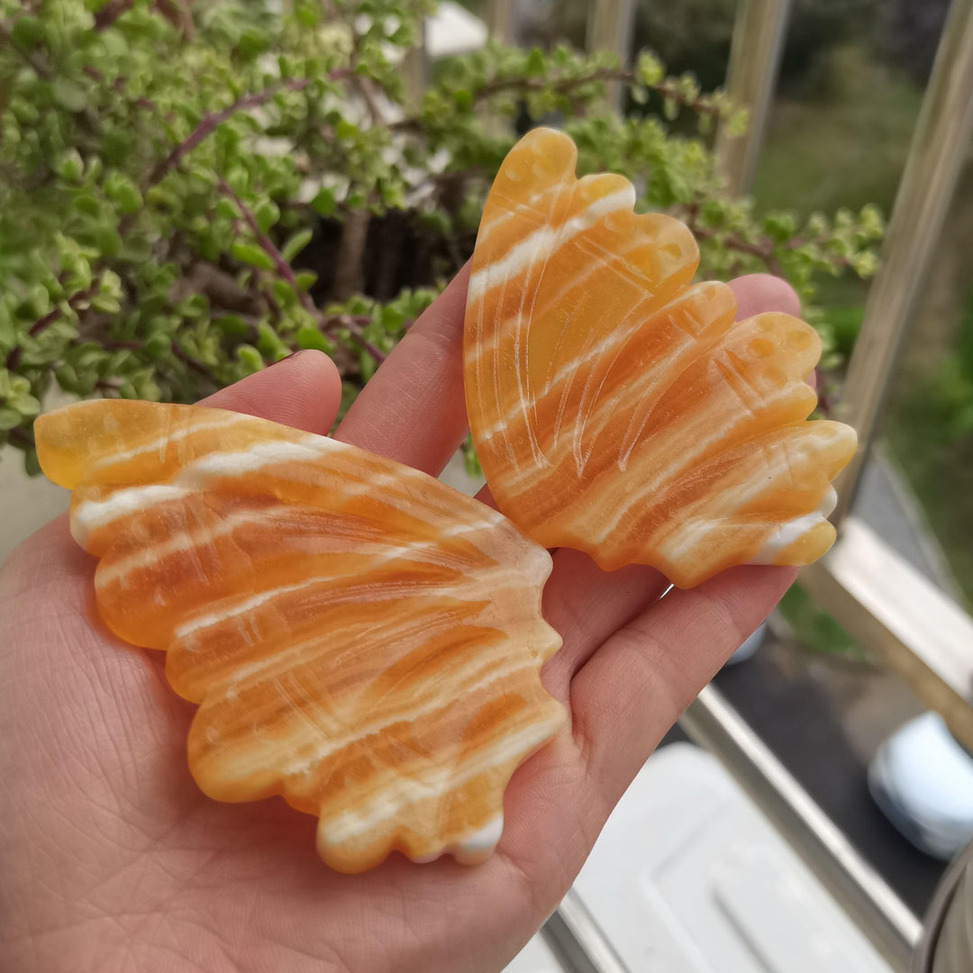 Orange Calcite Hand Carved Butterfly Wings With Stand