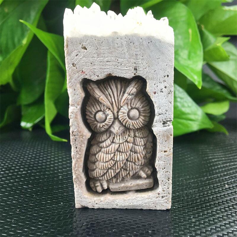 Quartz Cluster Owl Carving
