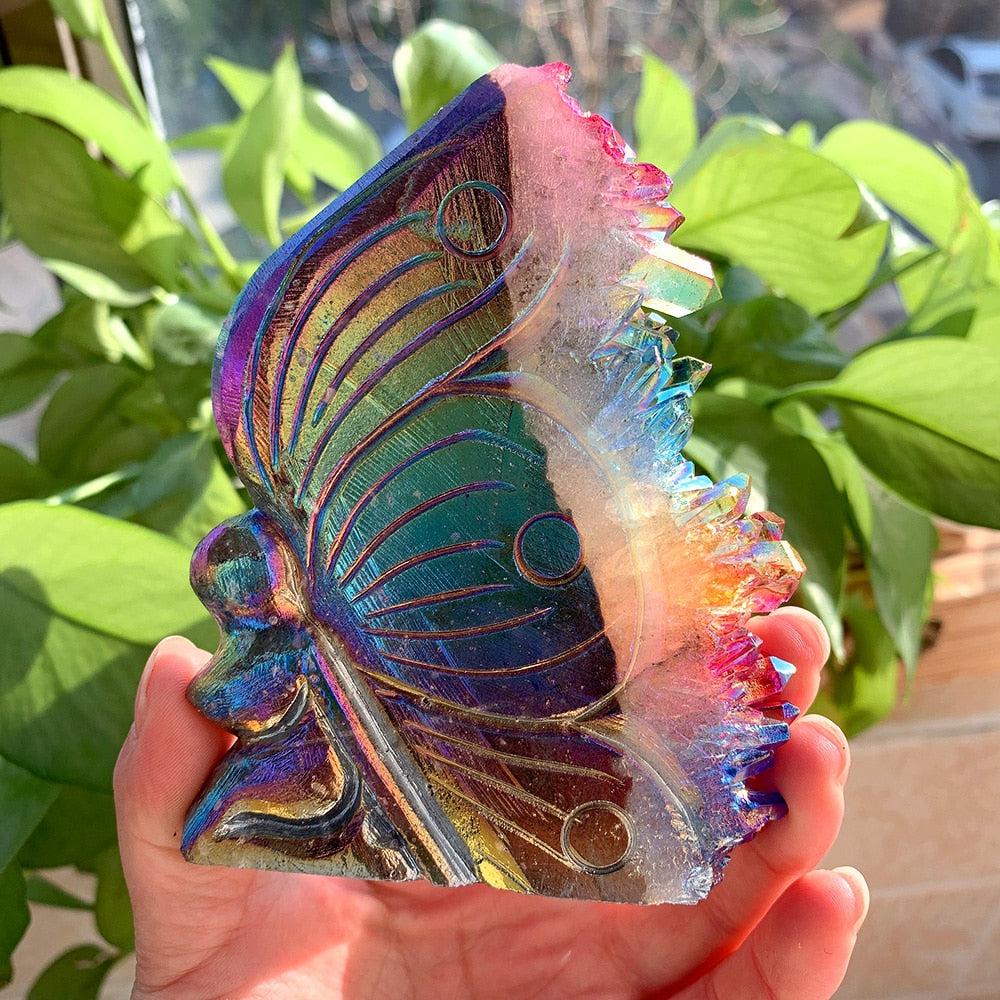 Quartz Cluster Rainbow Aura Butterfly Carving