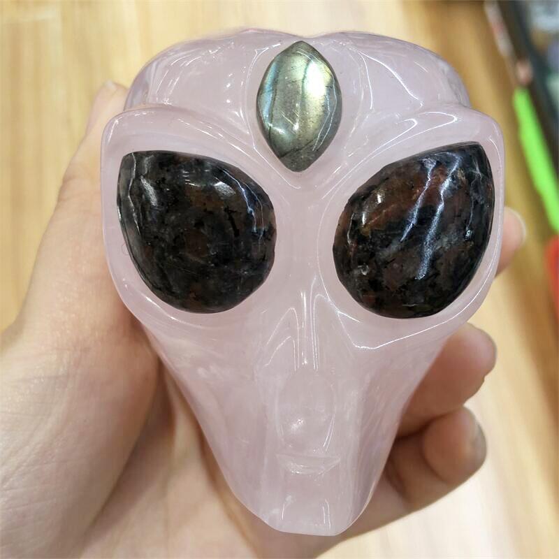 Rose Quartz Hand Carved Alien Skull