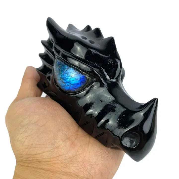 Black Obsidian Dragon Skull with Labradorite Eyes