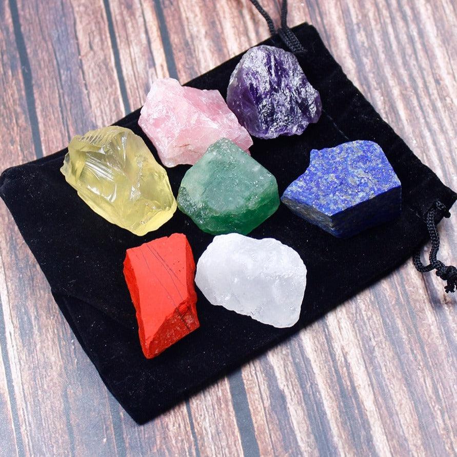 Seven Chakras Raw Crystal Sets in Black Pouch