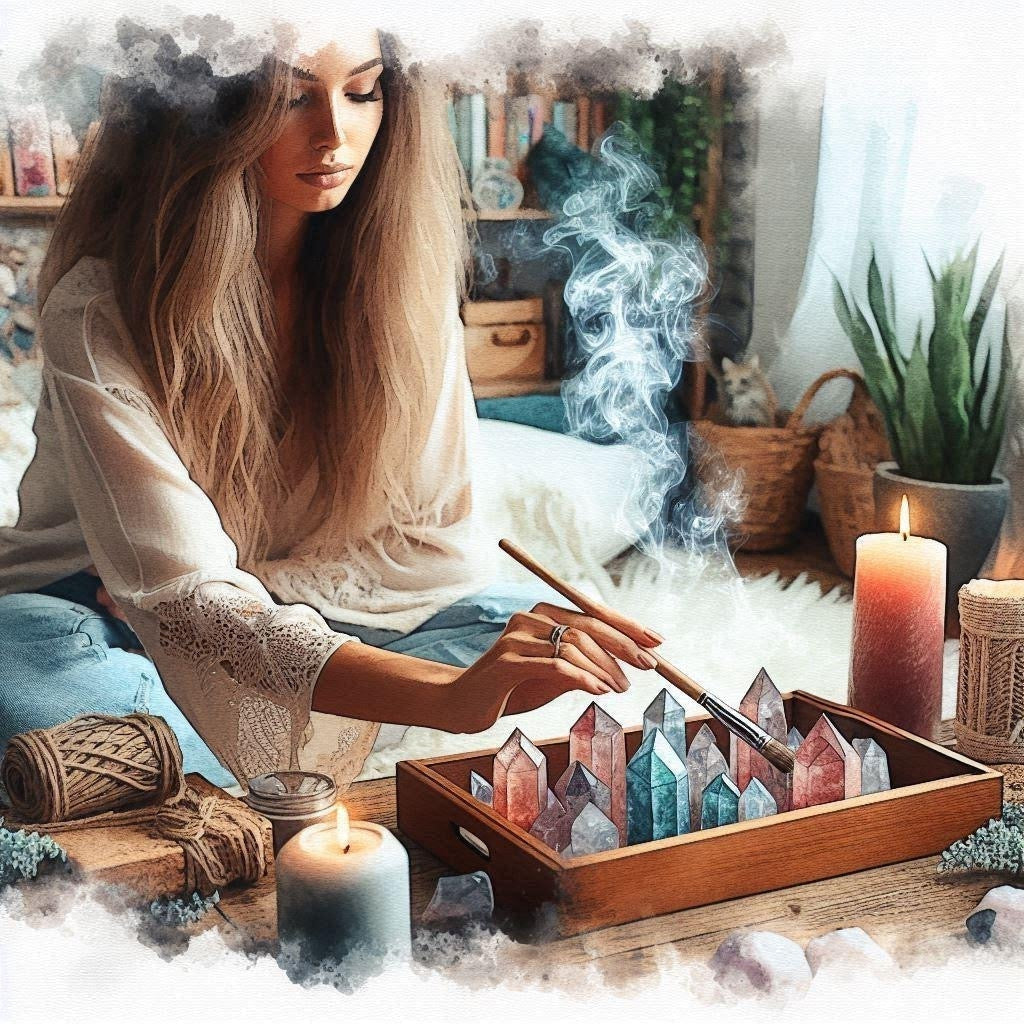 Smudging crystals with sage smoke for cleansing and purification