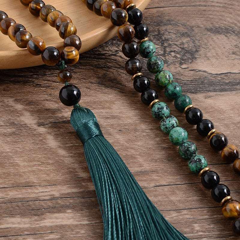 108 Bead Mala Tassel Necklace In Mixed Stones