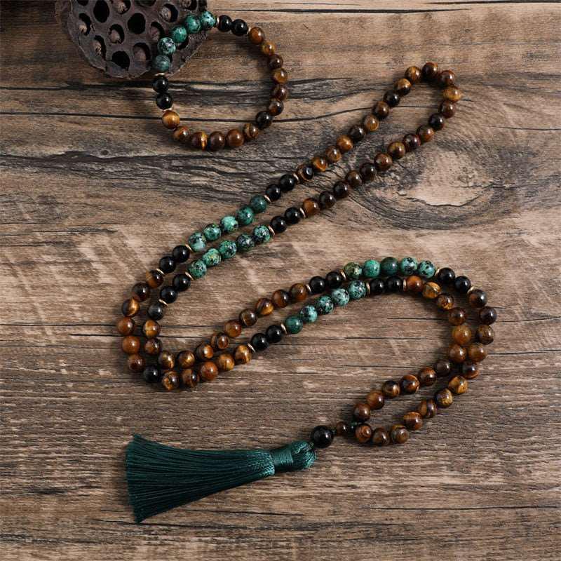 108 Bead Mala Tassel Necklace In Mixed Stones