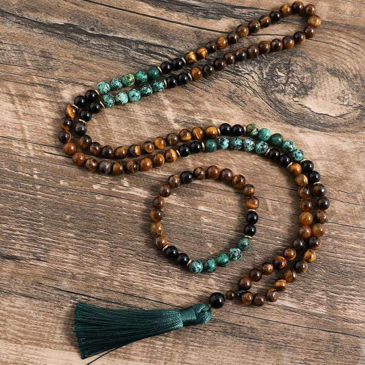 108 Bead Mala Tassel Necklace In Mixed Stones