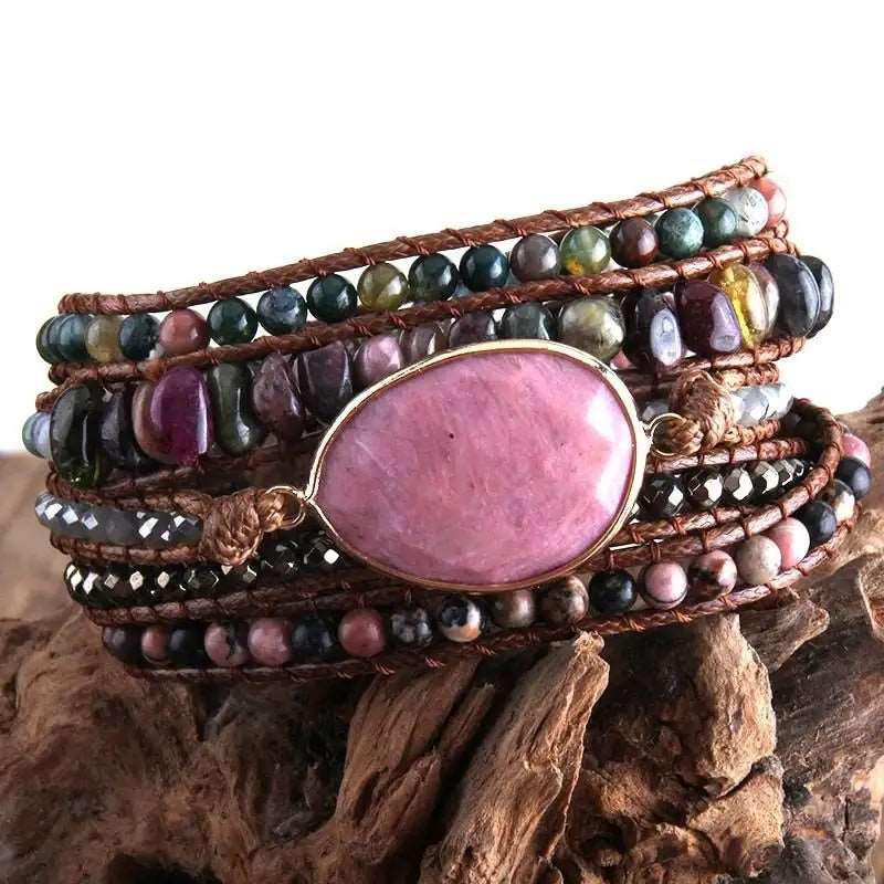 5 Strands Wrap Boho Bracelet with Mixed Natural Stones