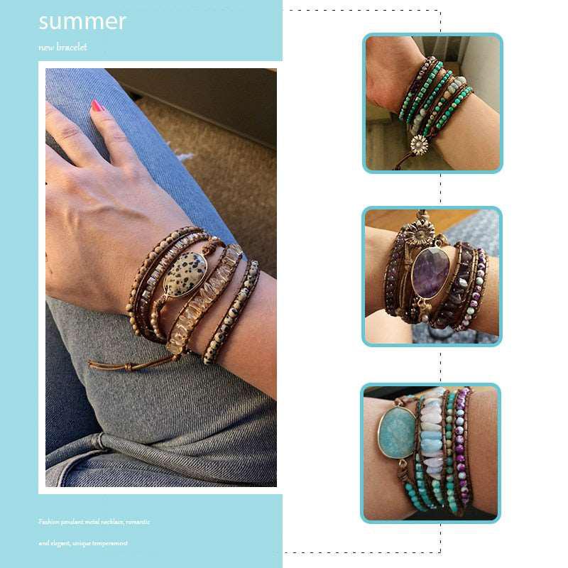 5 Strands Wrap Boho Bracelet with Mixed Natural Stones