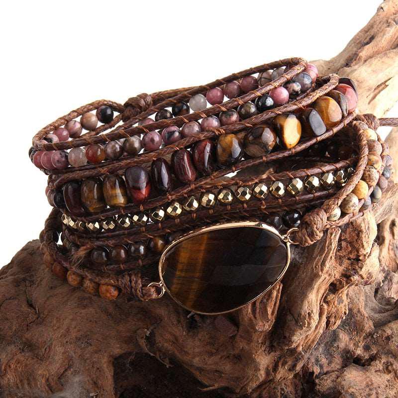 5 Strands Wrap Boho Bracelet with Mixed Natural Stones