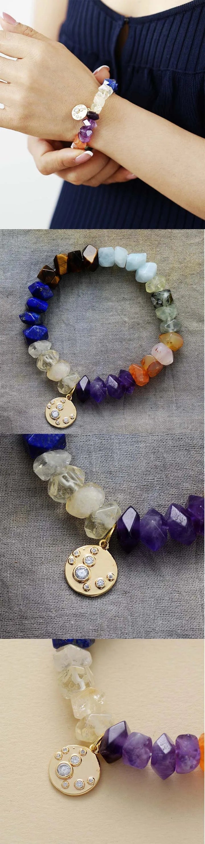 7 Chakra Natural Crystal Gold Plated Charm Stretch Elastic Bracelet