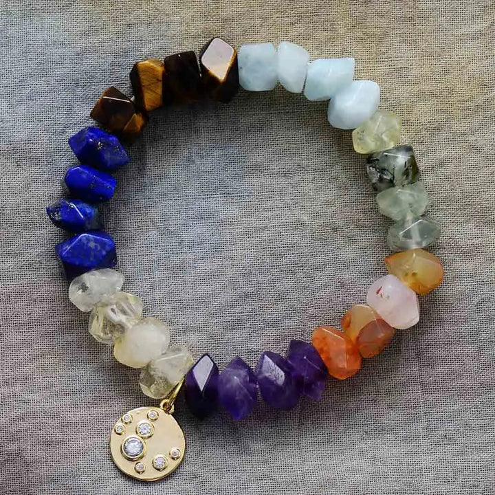 7 Chakra Natural Crystal Gold Plated Charm Stretch Elastic Bracelet