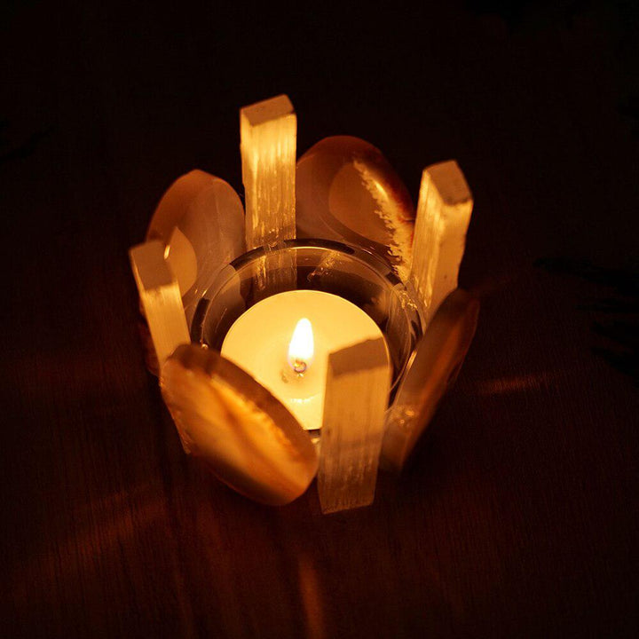 Agate Slice or White Selenite Stick and Agate Slice Crystal Tea Light Holder