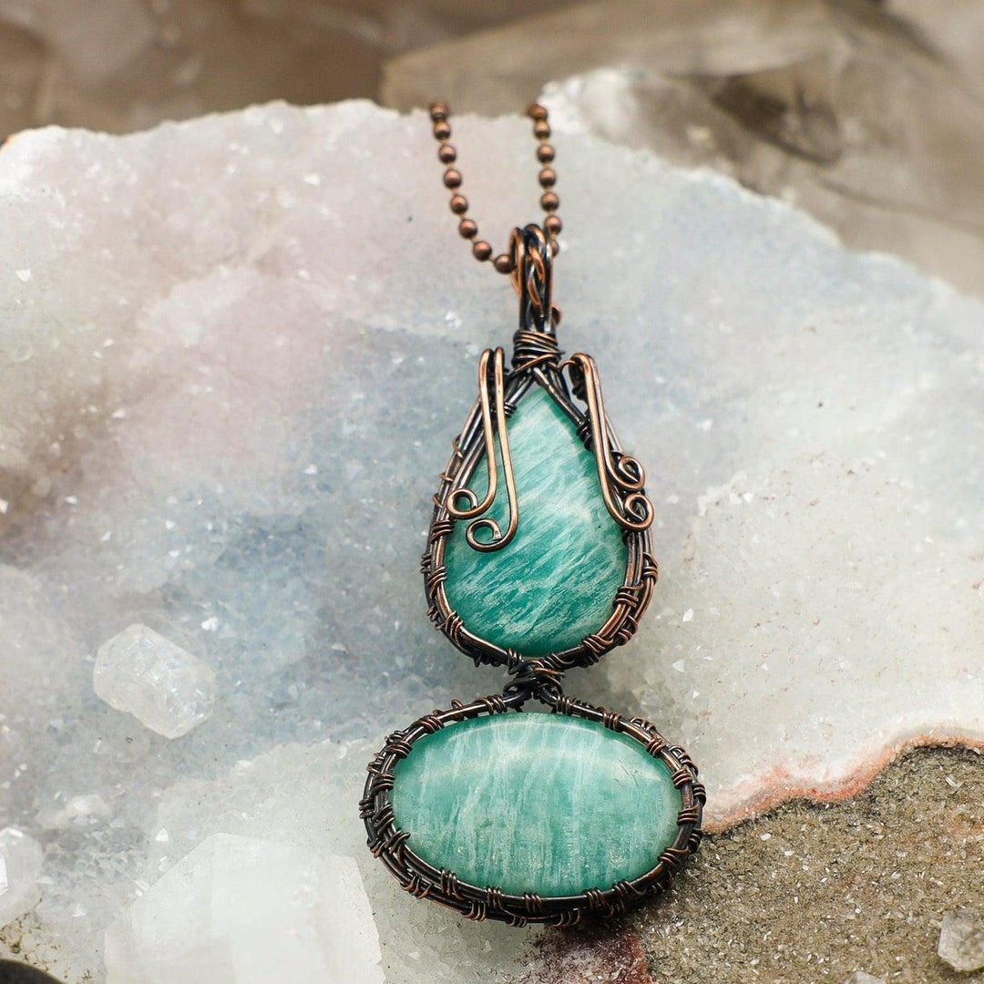 Amazonite 2 Crystal Wire Wrap Pendant - 3"