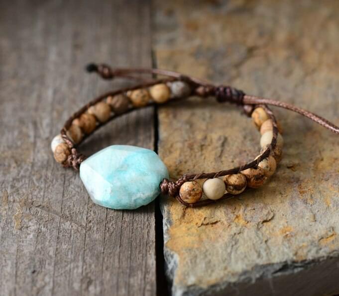 Amazonite Beaded Woven Wrap Bracelet Handmade