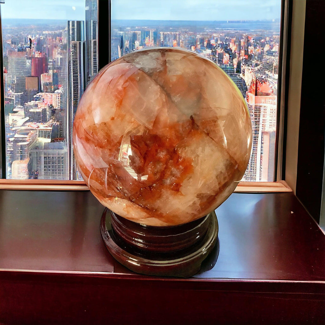 Huge 15.3 Lbs Hematoid “Fire” Quartz Sphere with Stand