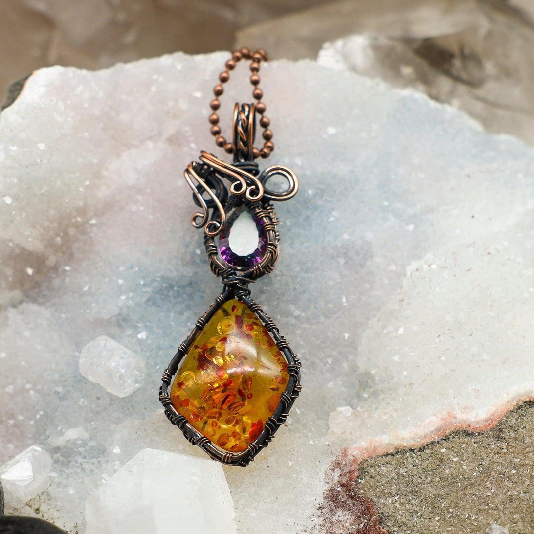 Baltic Amber And Tanzanite 2 Crystal Wire Wrap Pendant - 3"