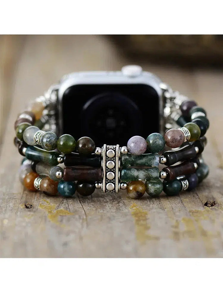 Black Agate and India Agate Crystal Apple Smart Watch Stretch Band