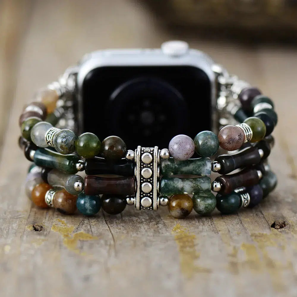 Black Agate and India Agate Crystal Apple Smart Watch Stretch Band