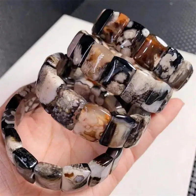 Black Flower Agate Bangle Bracelet