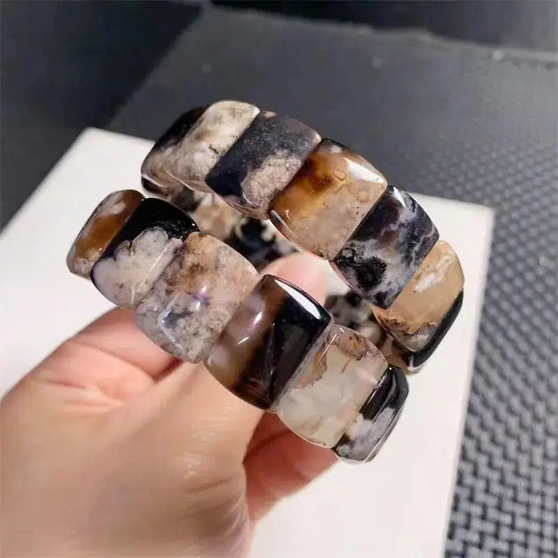 Black Flower Agate Bangle Bracelet