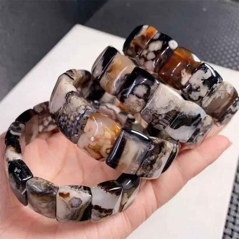 Black Flower Agate Bangle Bracelet