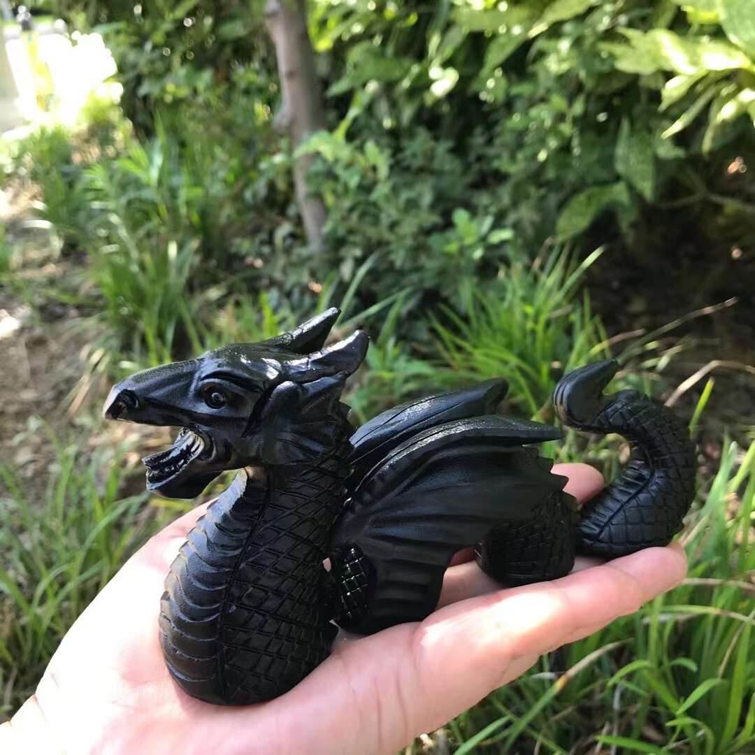 Black Obsidian Crystal Three-Stage Dragon Carving