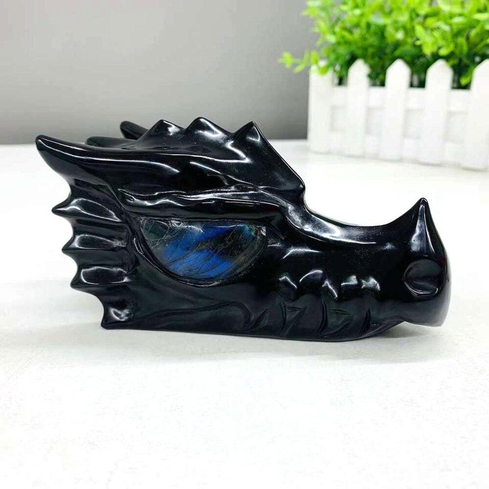 Black Obsidian Dragon Skull with Labradorite Eyes