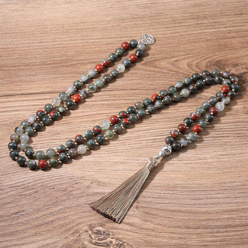 Bloodstone Mala 108 Beaded Knotted Necklace