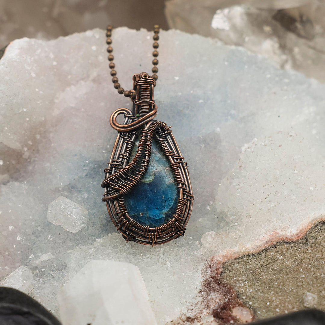 Blue Apatite Wire Wrap Pendant Necklace - 2.5"