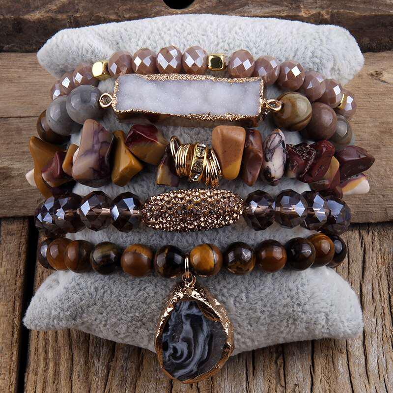 Boho Beaded Bracelet Sets Druzy Charm 5pc Stack Bracelets