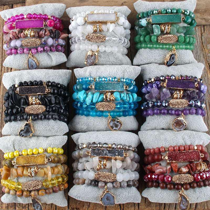 Boho Beaded Bracelet Sets Druzy Charm 5pc Stack Bracelets