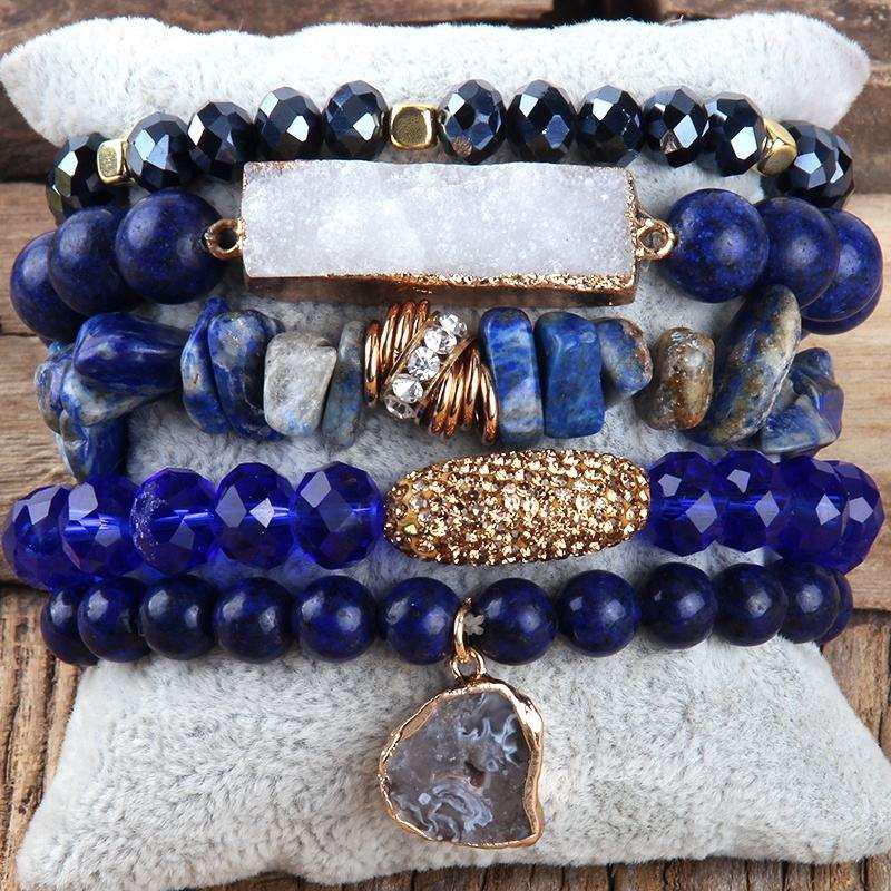 Boho Beaded Bracelet Sets Druzy Charm 5pc Stack Bracelets