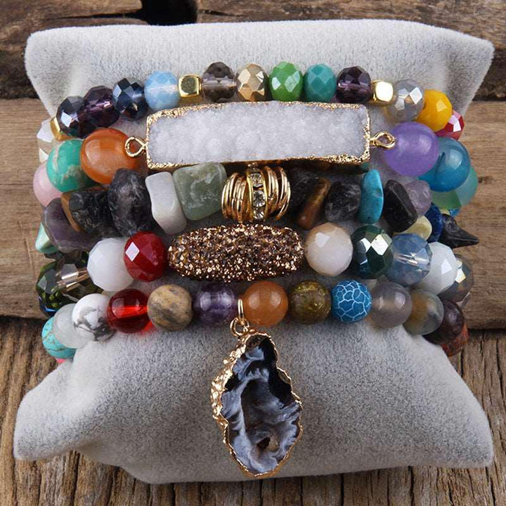 Boho Beaded Bracelet Sets Druzy Charm 5pc Stack Bracelets