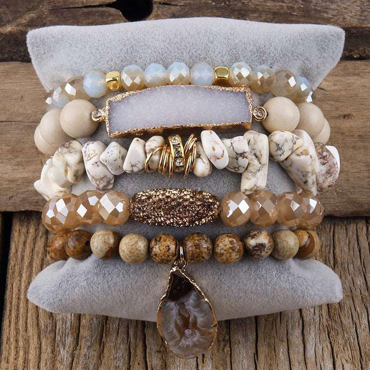 Boho Beaded Bracelet Sets Druzy Charm 5pc Stack Bracelets